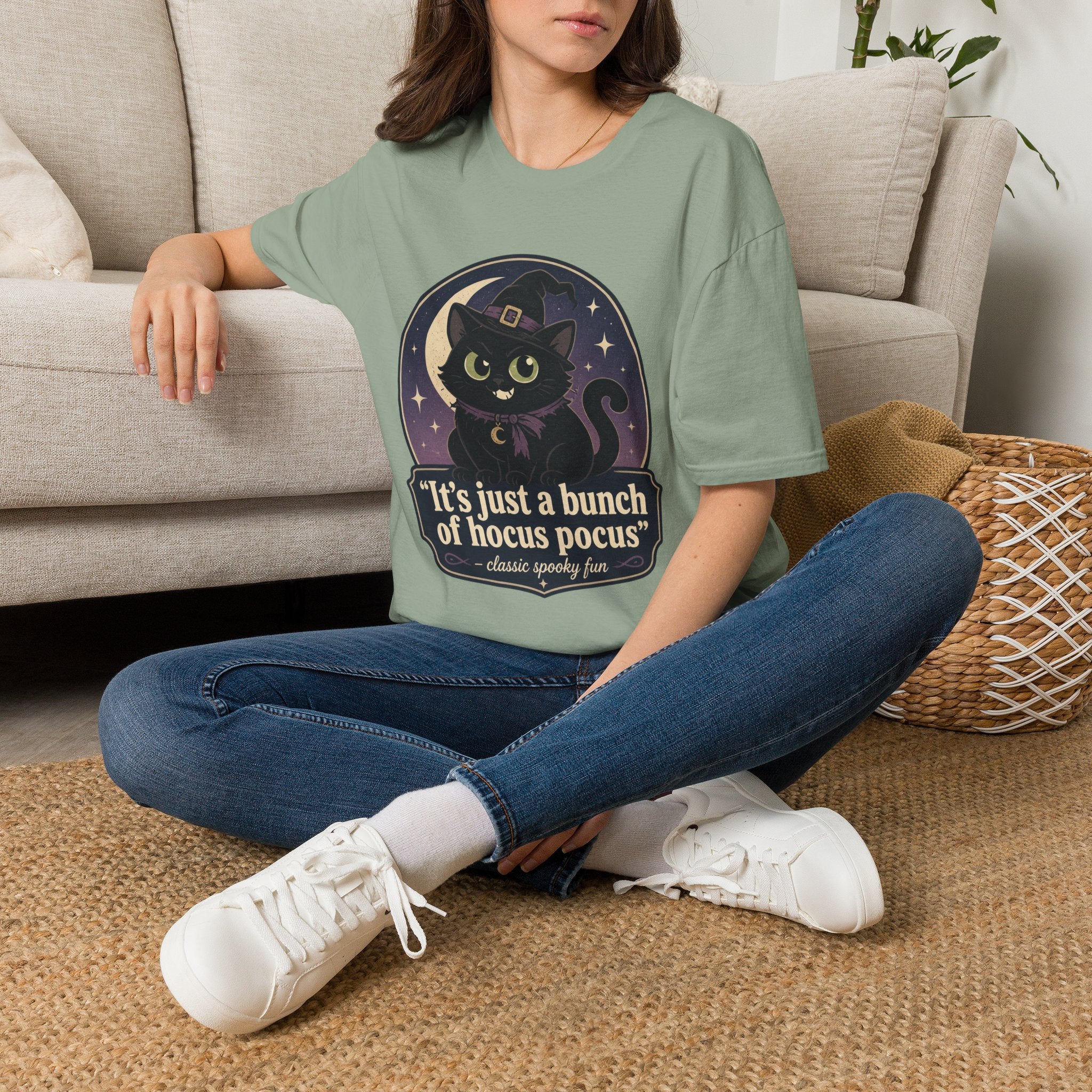Witch Cat T-Shirt — “It’s Just a Bunch of Hocus Pocus” Cute Halloween Tee