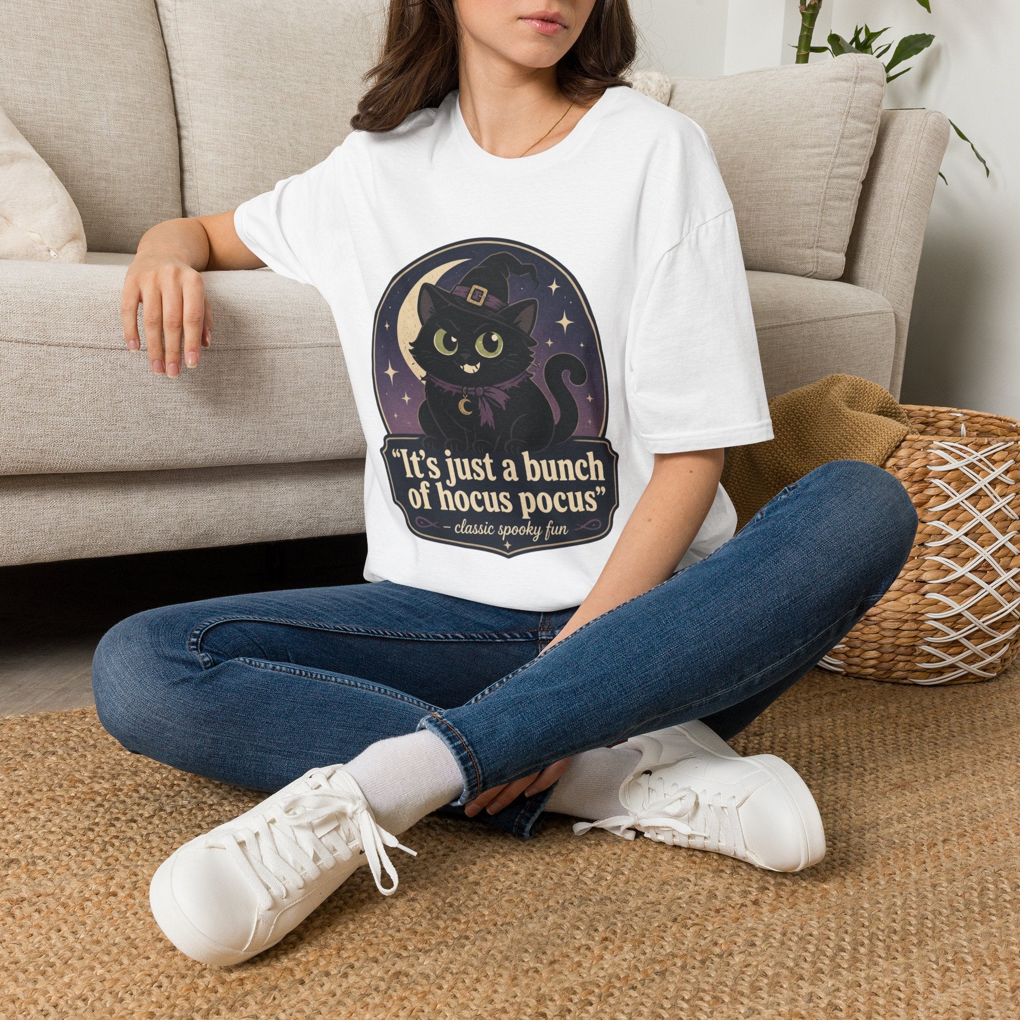 Witch Cat T-Shirt — “It’s Just a Bunch of Hocus Pocus” Cute Halloween Tee
